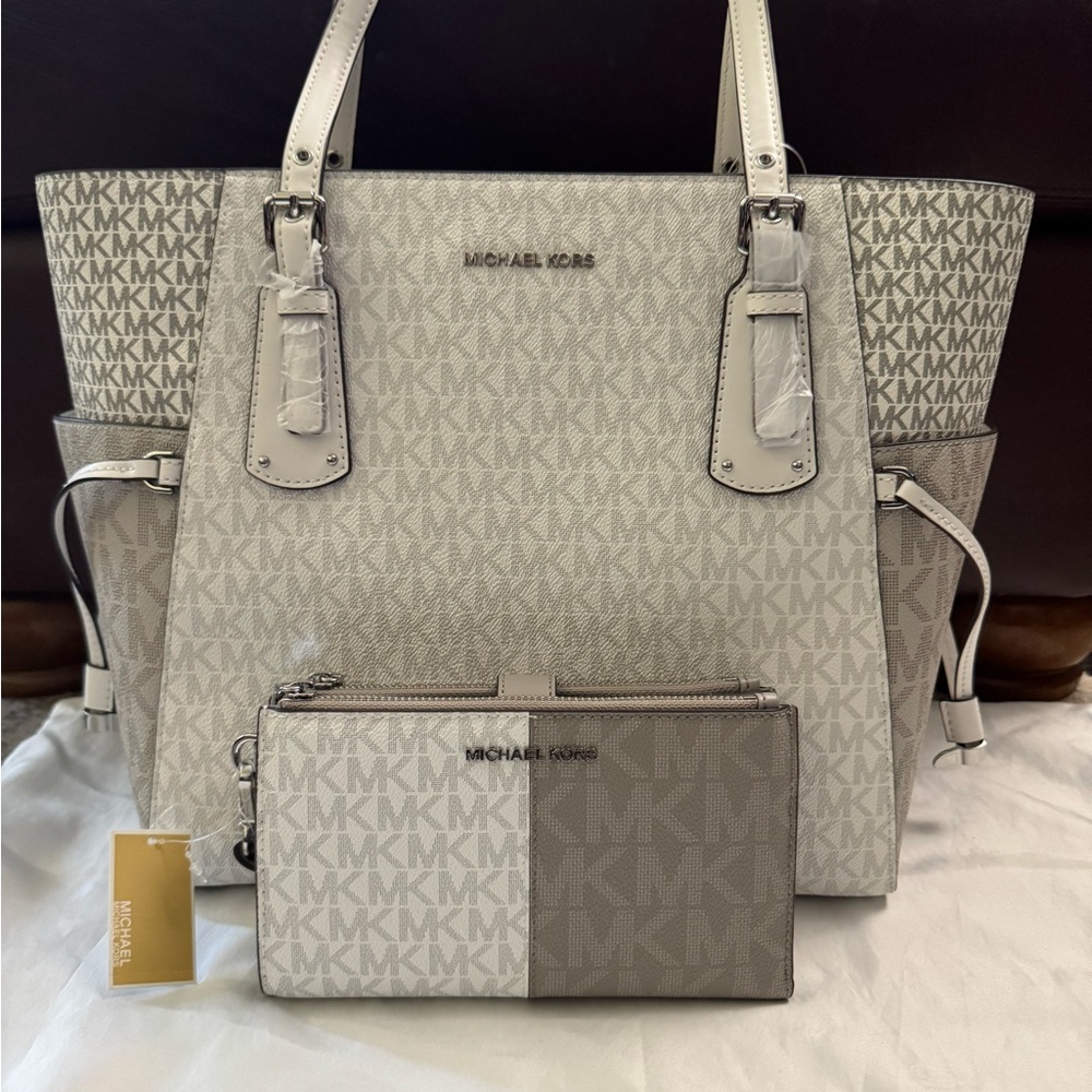 Michael Kors Gray and Cream Tote Bag with Gold Accents